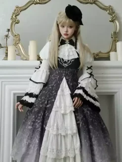 Gothic Lolita Dresses Lace Floral Print Black Black