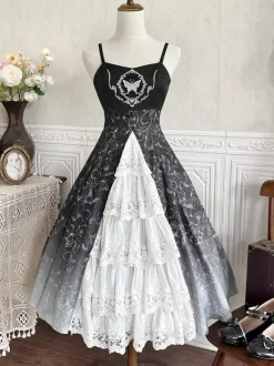 Gothic Lolita Dresses Lace Floral Print Black Black