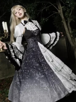 Gothic Lolita Dresses Lace Floral Print Black Black