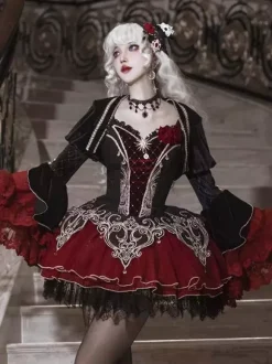 Gothic Lolita Dresses Lace Rose Floral Print Burgundy Black & Red Lolita Dress