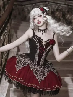 Gothic Lolita Dresses Lace Rose Floral Print Burgundy Black & Red Lolita Dress