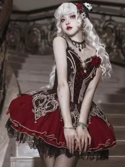 Gothic Lolita Dresses Lace Rose Floral Print Burgundy Black & Red Lolita Dress