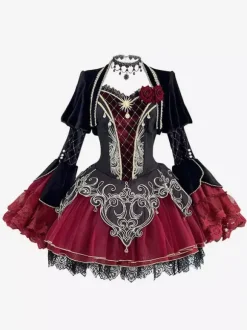 Gothic Lolita Dresses Lace Rose Floral Print Burgundy Black & Red Lolita Dress