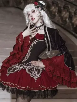 Gothic Lolita Dresses Lace Rose Floral Print Burgundy Black & Red Lolita Dress