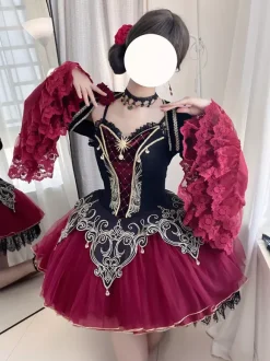 Gothic Lolita Dresses Lace Rose Floral Print Burgundy Black & Red Lolita Dress