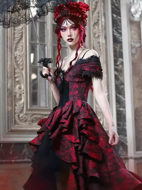 Gothic Lolita Dresses Lace Ruffles Red Voluminous Short Sleeves Jacquard Off-Shoulder Baroque Bustier Dress