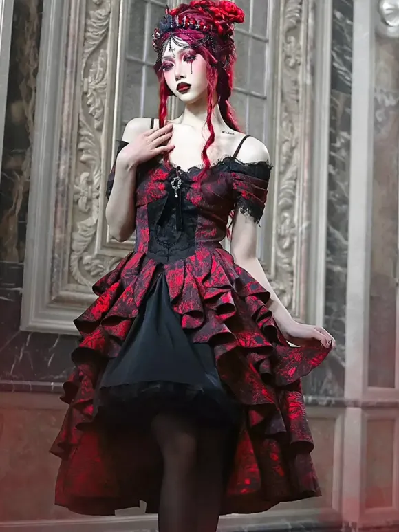 Gothic Lolita Dresses Lace Ruffles Red Voluminous Short Sleeves Jacquard Off-Shoulder Baroque Bustier Dress