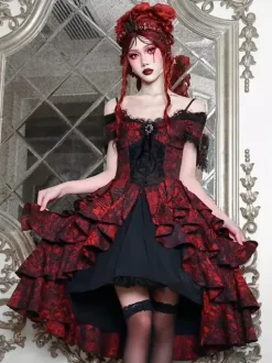 Gothic Lolita Dresses Lace Ruffles Red Voluminous Short Sleeves Jacquard Off-Shoulder Baroque Bustier Dress