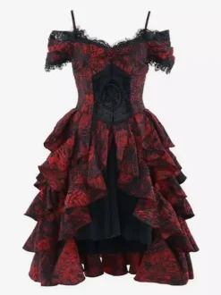 Gothic Lolita Dresses Lace Ruffles Red Voluminous Short Sleeves Jacquard Off-Shoulder Baroque Bustier Dress
