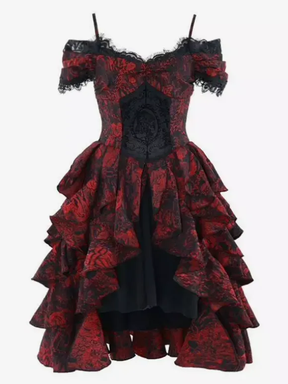 Gothic Lolita Dresses Lace Ruffles Red Voluminous Short Sleeves Jacquard Off-Shoulder Baroque Bustier Dress