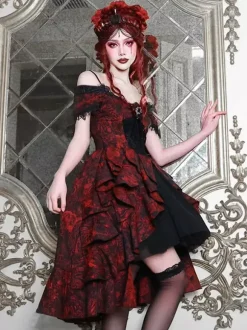 Gothic Lolita Dresses Lace Ruffles Red Voluminous Short Sleeves Jacquard Off-Shoulder Baroque Bustier Dress
