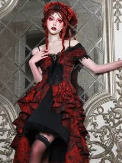 Gothic Lolita Dresses Lace Ruffles Red Voluminous Short Sleeves Jacquard Off-Shoulder Baroque Bustier Dress