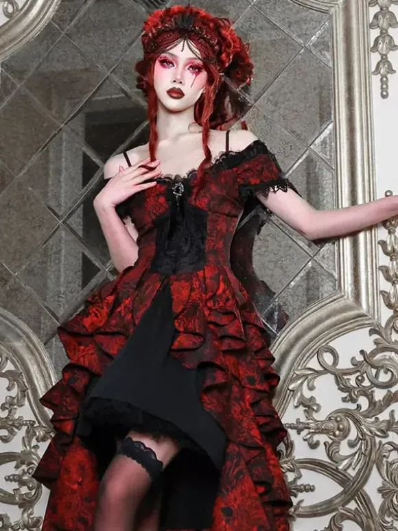 Gothic Lolita Dresses Lace Ruffles Red Voluminous Short Sleeves Jacquard Off-Shoulder Baroque Bustier Dress