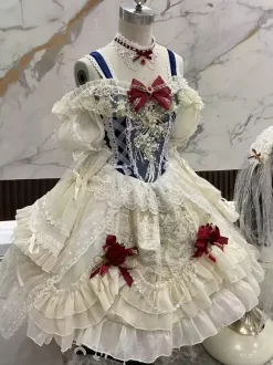 Gothic Lolita Dresses Lace Ruffles Color Block Ecru White Ecru White