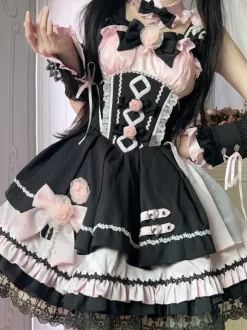 Gothic Lolita Dresses Lace Up Lace Color Block Pink Light Sky Blue JSK