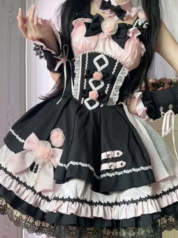 Gothic Lolita Dresses Lace Up Lace Color Block Pink Light Sky Blue JSK