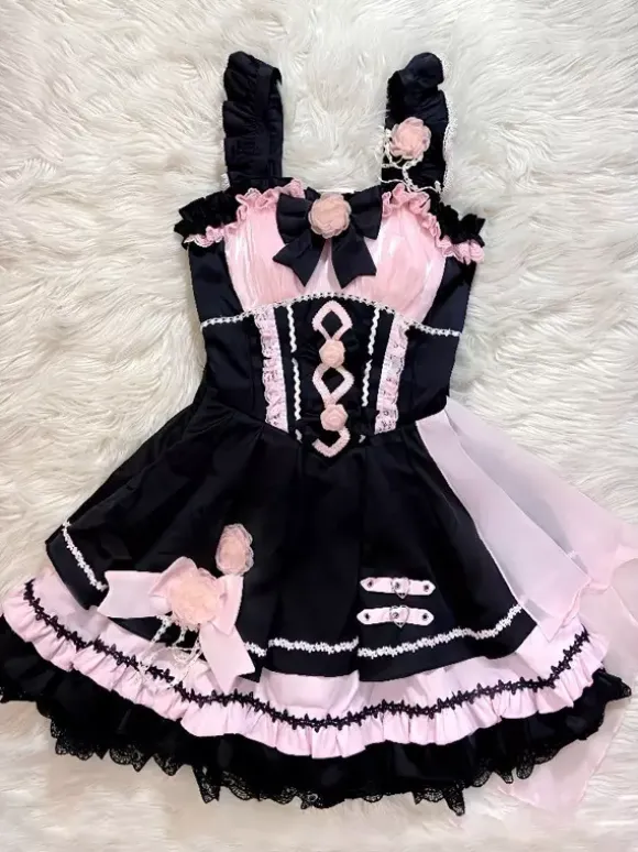 Gothic Lolita Dresses Lace Up Lace Color Block Pink Light Sky Blue JSK