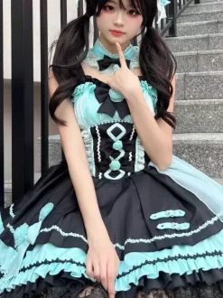 Gothic Lolita Dresses Lace Up Lace Color Block Pink Light Sky Blue JSK