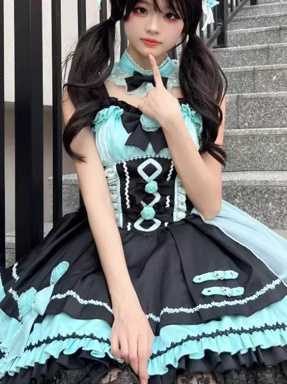 Gothic Lolita Dresses Lace Up Lace Color Block Pink Light Sky Blue JSK