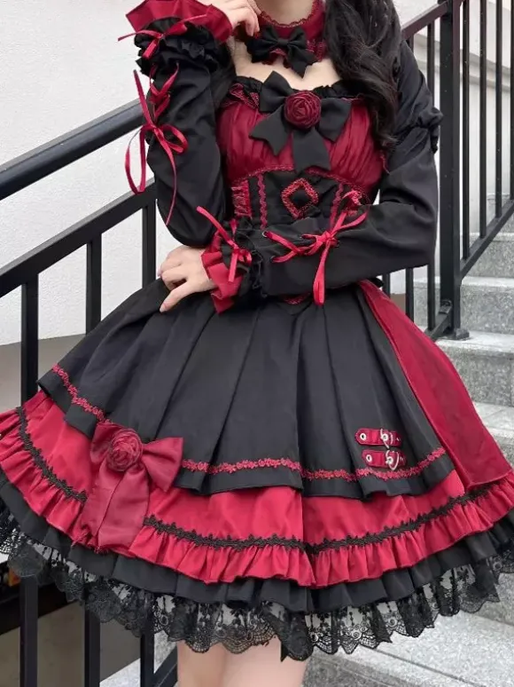 Gothic Lolita Dresses Lace Up Lace Color Block Pink Light Sky Blue JSK
