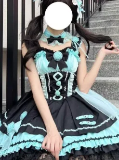 Gothic Lolita Dresses Lace Up Lace Color Block Pink Light Sky Blue JSK