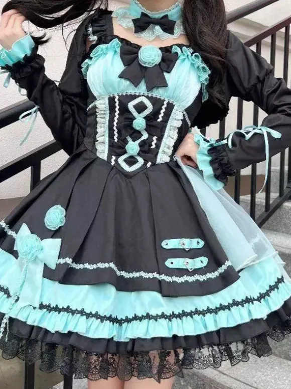 Gothic Lolita Dresses Lace Up Lace Color Block Pink Light Sky Blue JSK