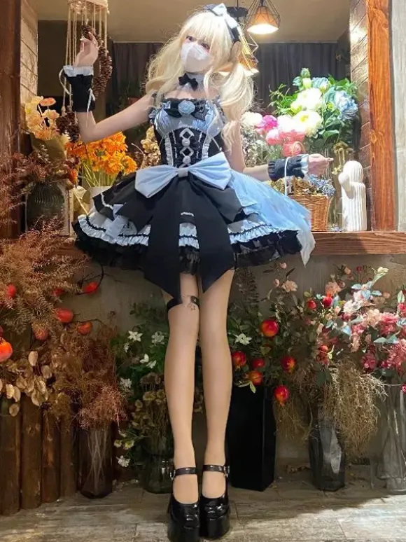 Gothic Lolita Dresses Lace Up Lace Color Block Pink Light Sky Blue JSK