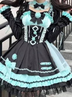 Gothic Lolita Dresses Lace Up Lace Color Block Pink Light Sky Blue JSK