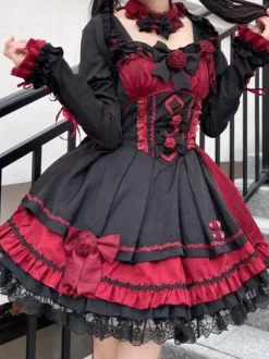 Gothic Lolita Dresses Lace Up Lace Color Block Pink Light Sky Blue JSK