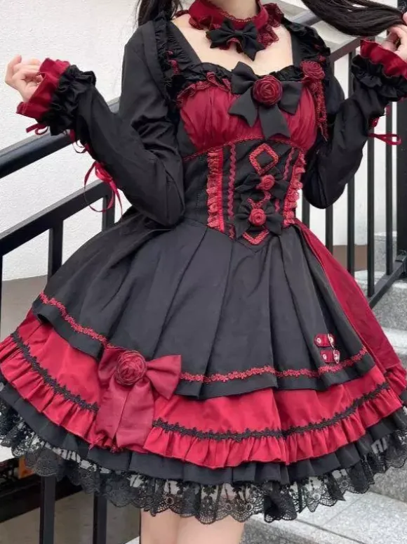Gothic Lolita Dresses Lace Up Lace Color Block Pink Light Sky Blue JSK
