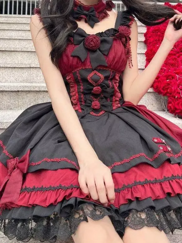 Gothic Lolita Dresses Lace Up Lace Color Block Pink Light Sky Blue JSK