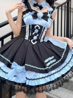 Gothic Lolita Dresses Lace Up Lace Color Block Pink Light Sky Blue JSK