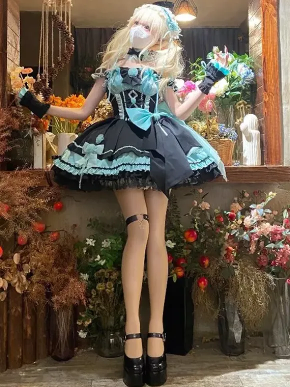 Gothic Lolita Dresses Lace Up Lace Color Block Pink Light Sky Blue JSK