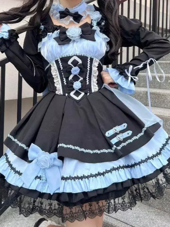 Gothic Lolita Dresses Lace Up Lace Color Block Pink Light Sky Blue JSK