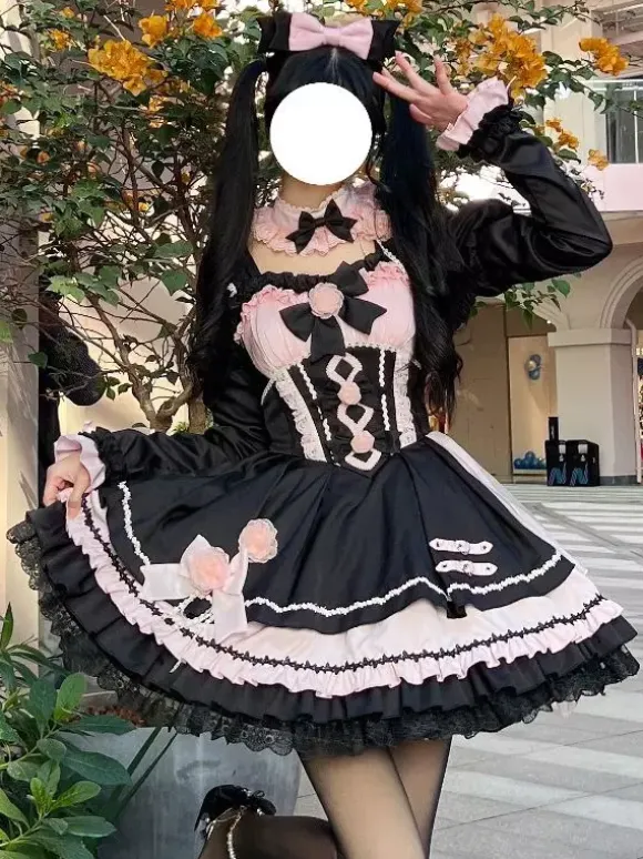 Gothic Lolita Dresses Lace Up Lace Color Block Pink Light Sky Blue JSK