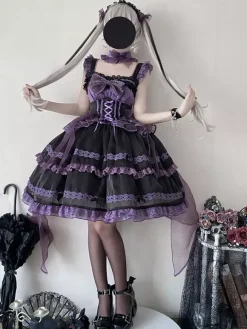 Gothic Lolita Dresses Lace Up Bows Color Block Lace Trim Slip Dress