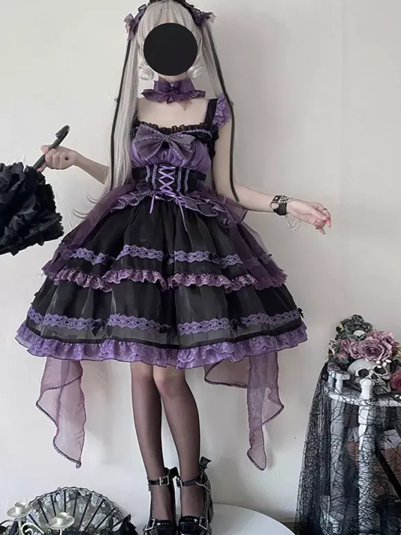 Gothic Lolita Dresses Lace Up Bows Color Block Lace Trim Slip Dress