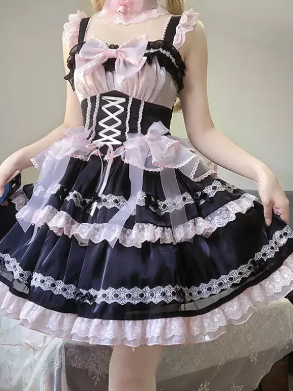 Gothic Lolita Dresses Lace Up Bows Color Block Lace Trim Slip Dress