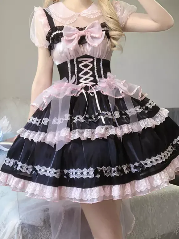 Gothic Lolita Dresses Lace Up Bows Color Block Lace Trim Slip Dress