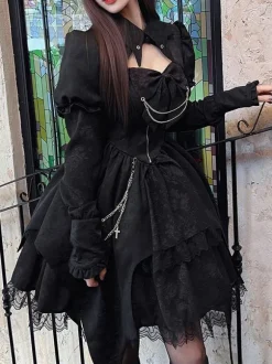 Gothic Lolita Dresses Lace Up Black Gothic Loli High Waist long Sleeve OP Puffy Dress