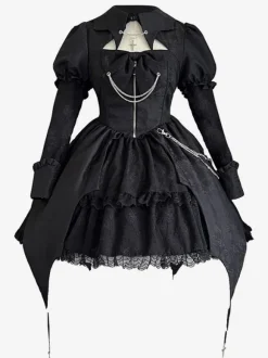 Gothic Lolita Dresses Lace Up Black Gothic Loli High Waist long Sleeve OP Puffy Dress