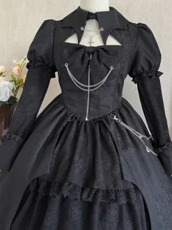 Gothic Lolita Dresses Lace Up Black Gothic Loli High Waist long Sleeve OP Puffy Dress