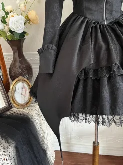 Gothic Lolita Dresses Lace Up Black Gothic Loli High Waist long Sleeve OP Puffy Dress