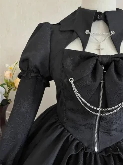 Gothic Lolita Dresses Lace Up Black Gothic Loli High Waist long Sleeve OP Puffy Dress