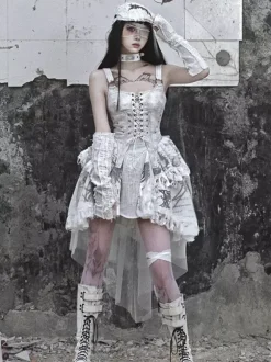 Gothic Lolita Dresses Lace Up Ruffles Floral Print Ecru White JSK