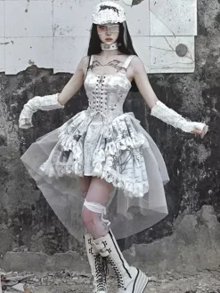 Gothic Lolita Dresses Lace Up Ruffles Floral Print Ecru White JSK