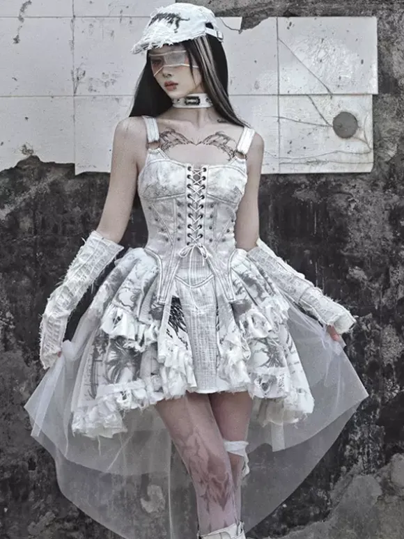 Gothic Lolita Dresses Lace Up Ruffles Floral Print Ecru White JSK