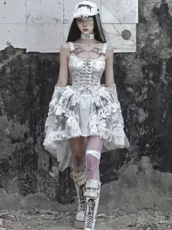 Gothic Lolita Dresses Lace Up Ruffles Floral Print Ecru White JSK