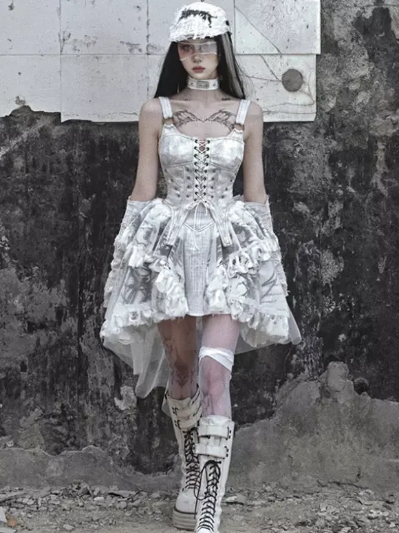 Gothic Lolita Dresses Lace Up Ruffles Floral Print Ecru White JSK