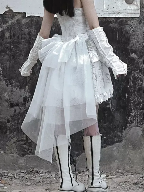 Gothic Lolita Dresses Lace Up Ruffles Floral Print Ecru White JSK
